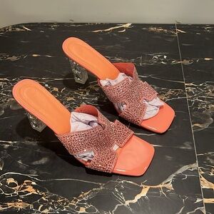 Rhinestone Square Open Toe Clear Chunky High Heel Sandals Mules. Size 15